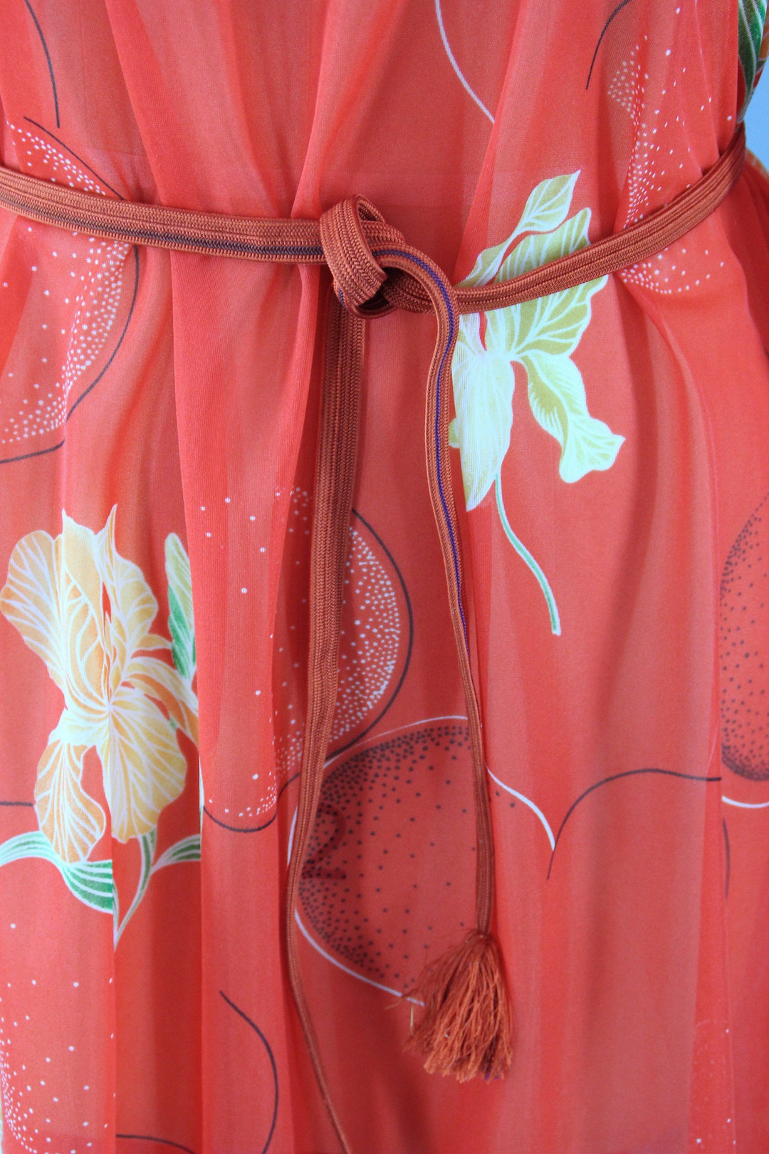Vintage 1970s Orange Floral Print Chiffon Caftan Dress Swim Cover - ThisBlueBird