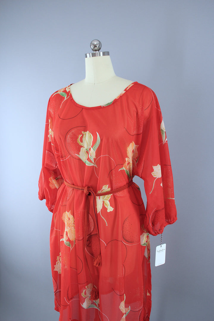 Vintage 1970s Orange Floral Print Chiffon Caftan Dress Swim Cover - ThisBlueBird