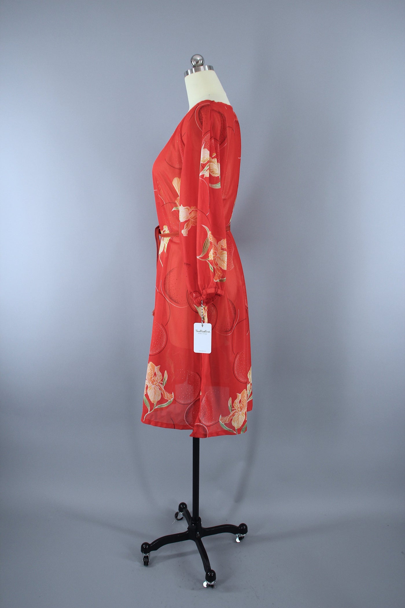 Vintage 1970s Orange Floral Print Chiffon Caftan Dress Swim Cover - ThisBlueBird