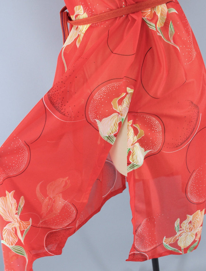 Vintage 1970s Orange Floral Print Chiffon Caftan Dress Swim Cover - ThisBlueBird
