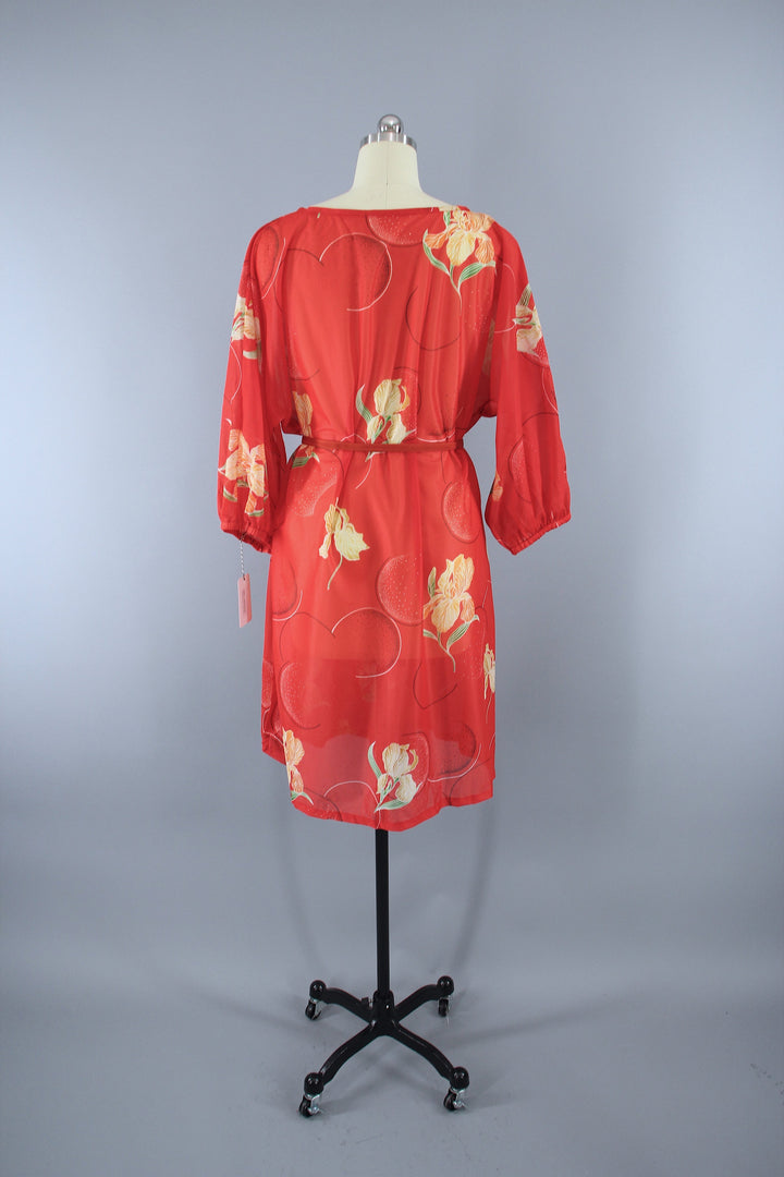 Vintage 1970s Orange Floral Print Chiffon Caftan Dress Swim Cover - ThisBlueBird