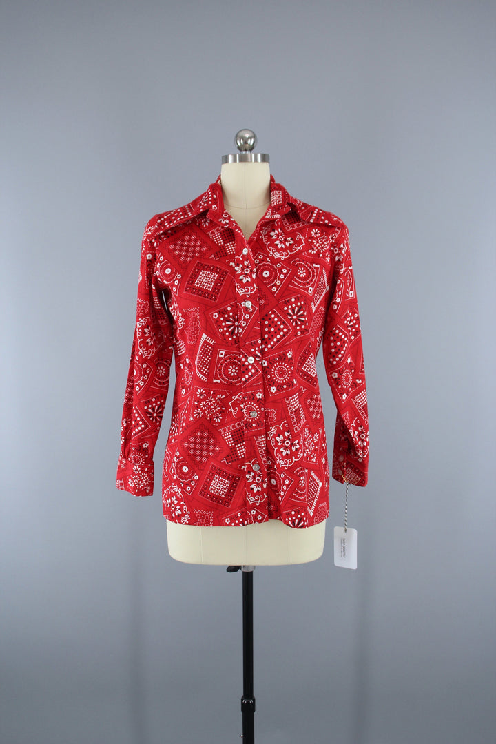 Vintage 1970s Red Bandana Print Shirt - ThisBlueBird
