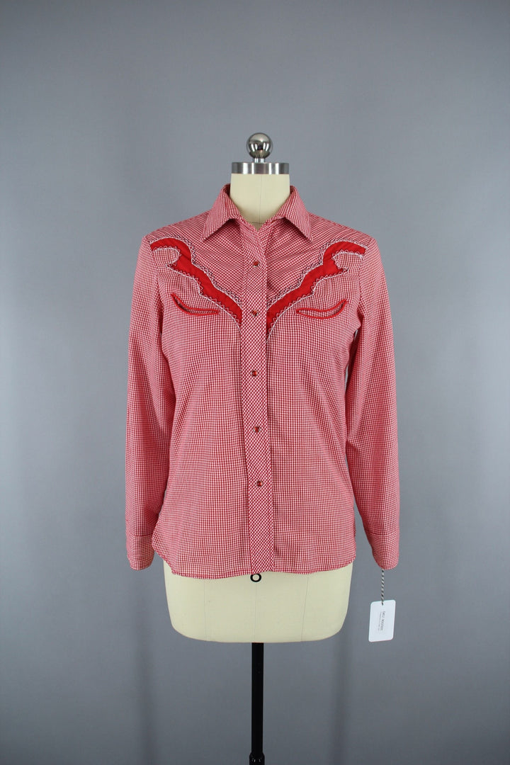 Vintage 1970s Red Gingham Karman Western Rockabilly Style Shirt - ThisBlueBird