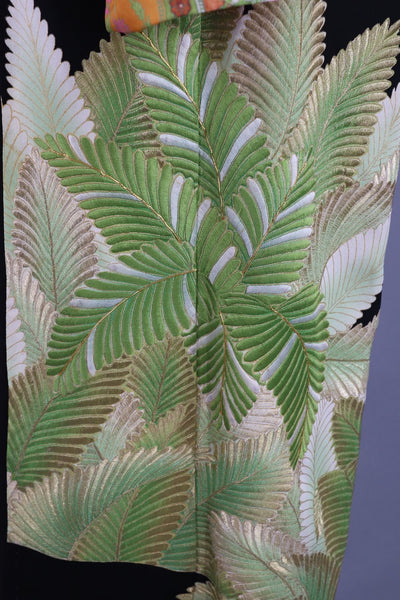 Vintage 1970s Silk Kimono Robe / Black Embroidered Ferns Palm Leaves - ThisBlueBird