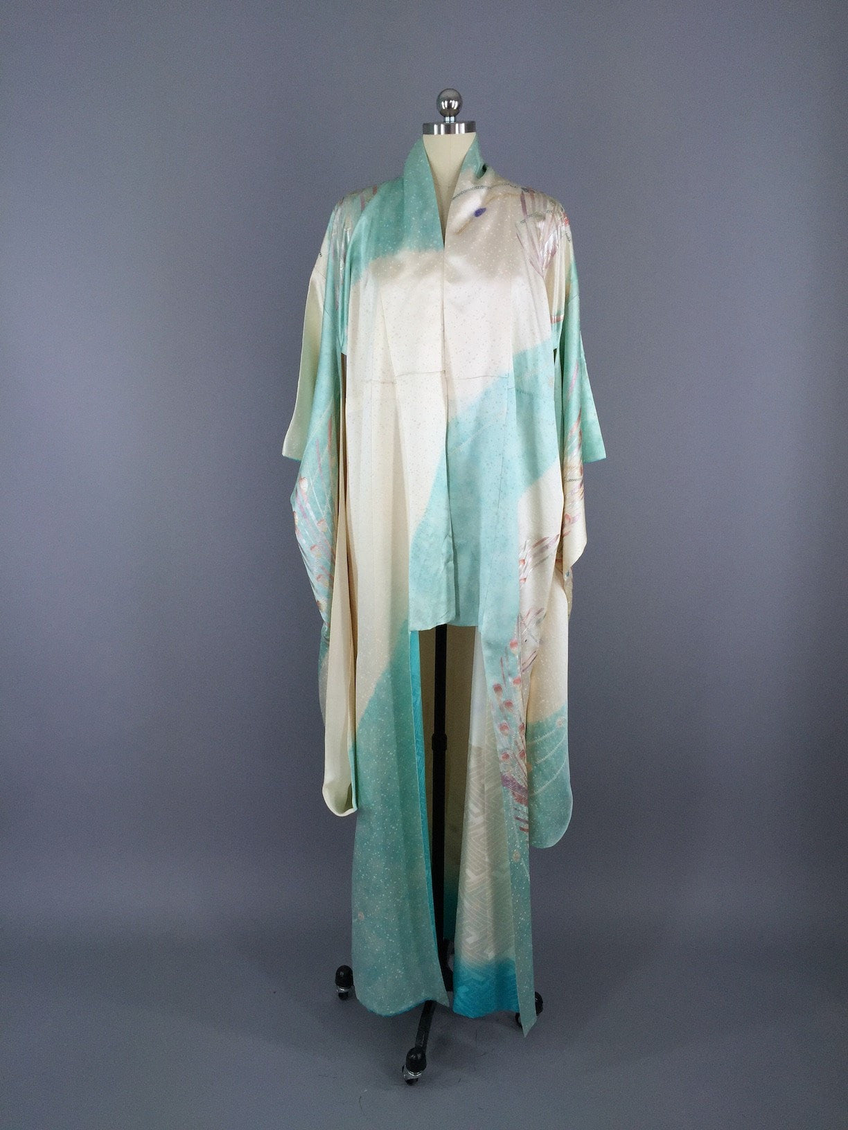 Vintage 1970s Silk Kimono Robe Furisode Art Deco Aqua Blue Peacocks - ThisBlueBird