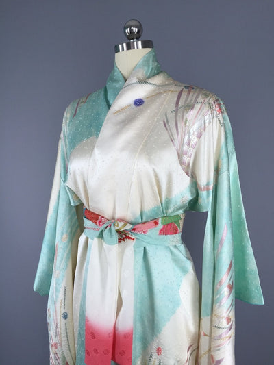 Vintage 1970s Silk Kimono Robe Furisode Art Deco Aqua Blue Peacocks - ThisBlueBird
