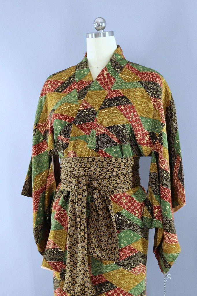 Vintage 1970s Silk Kimono Robe / Green & Brown Earthtones-ThisBlueBird - Modern Vintage