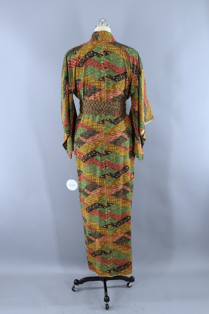 Vintage 1970s Silk Kimono Robe / Green & Brown Earthtones-ThisBlueBird - Modern Vintage