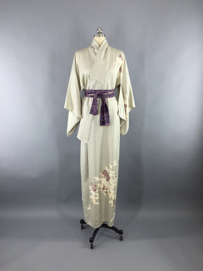 Vintage 1970s Silk Kimono Robe / Grey Purple Floral Print - ThisBlueBird