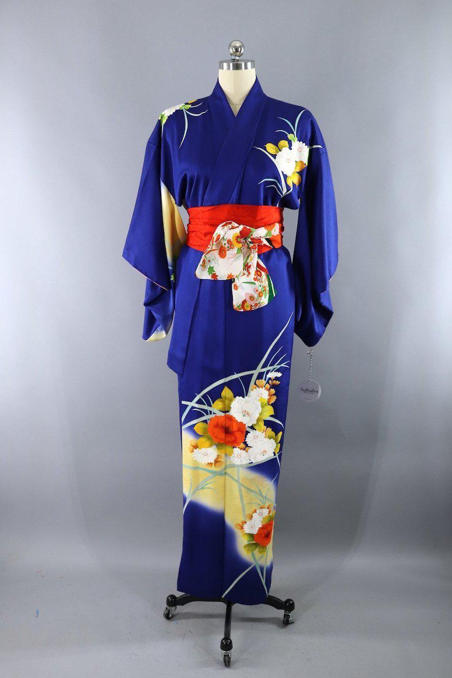 Vintage 1970s Silk Kimono Robe / Royal Blue and Gold Floral Print - ThisBlueBird