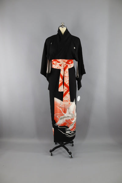 Vintage 1970s Silk Rayon Kimono Robe / Black & White Giant Embroidered Flying Cranes - ThisBlueBird