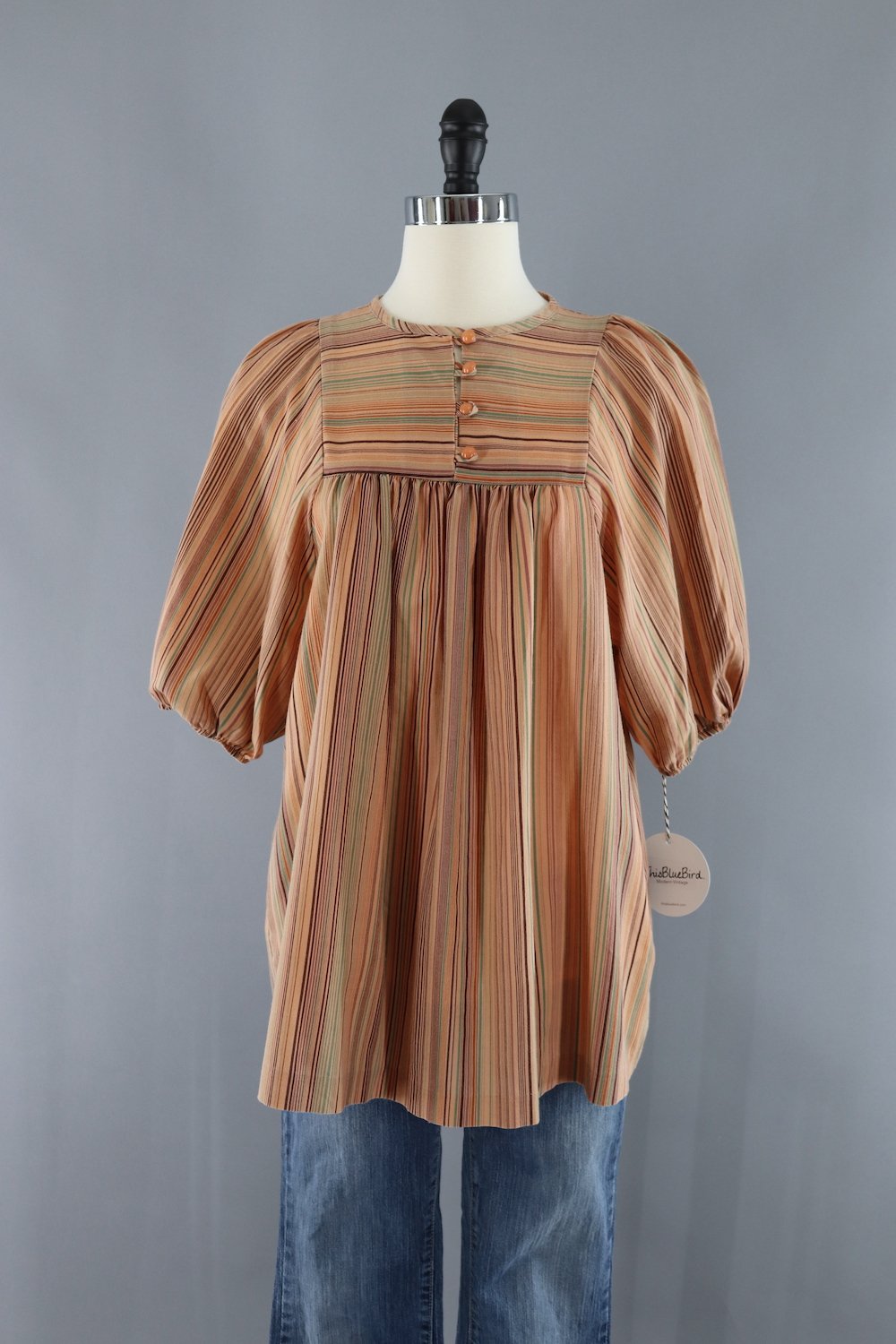 Vintage 1970s Tan and Orange Striped Tunic Blouse - ThisBlueBird