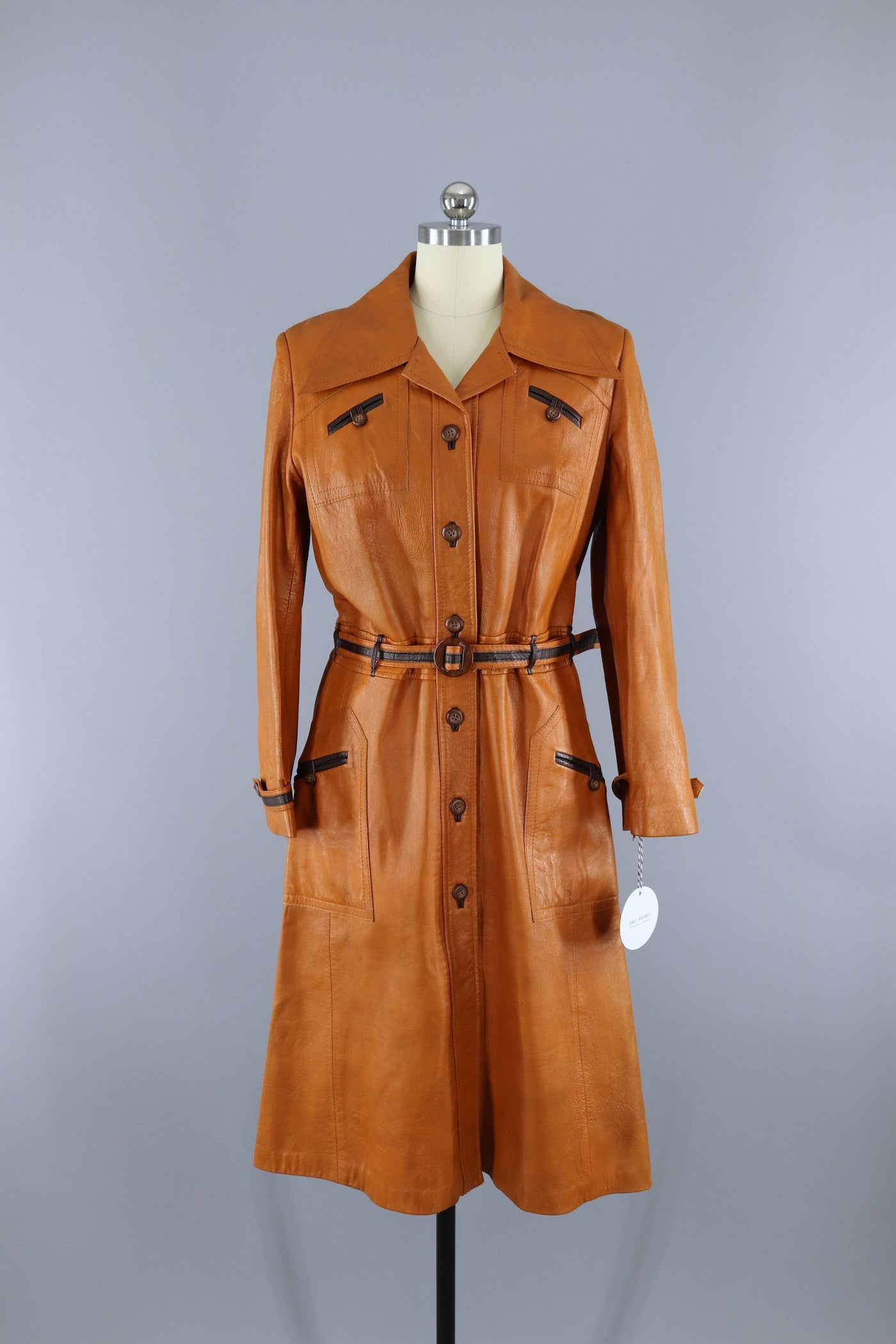 Vintage 1970s Tan Brown Leather Trench Coat - ThisBlueBird