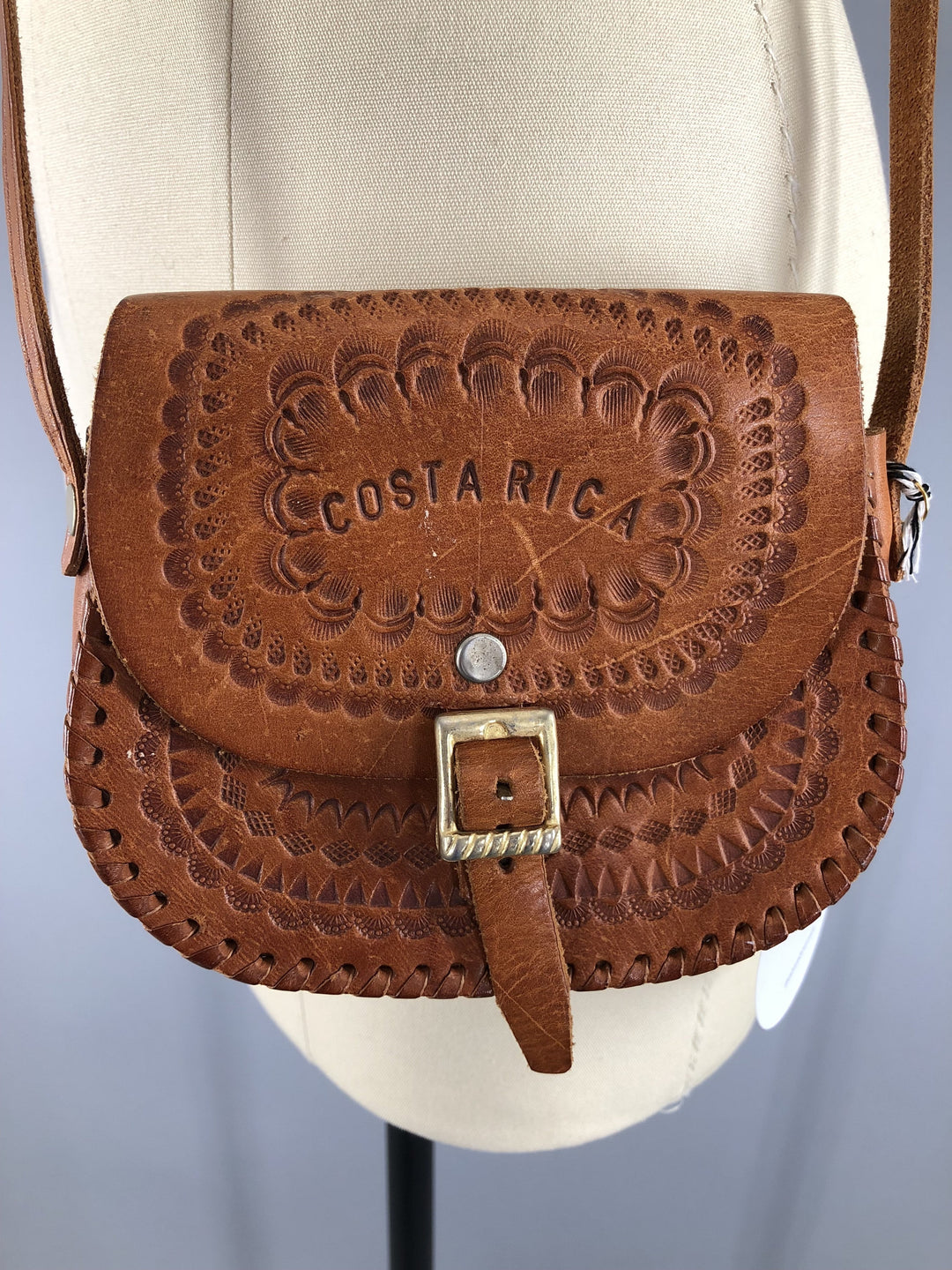 Vintage 1970s Tooled Leather Mini Cross Body Messenger Bag / Costa Rica - ThisBlueBird