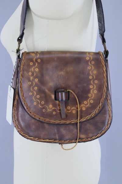 Vintage 1970s Tooled Leather Shoulder Bag Handbag - ThisBlueBird