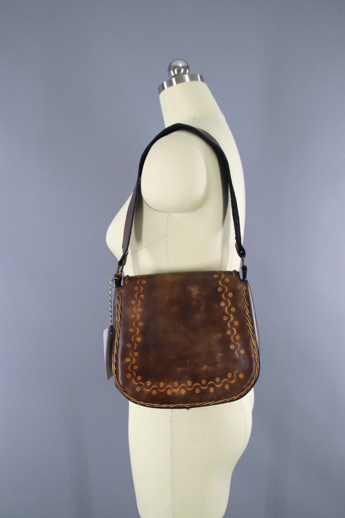 Vintage 1970s Tooled Leather Shoulder Bag Handbag - ThisBlueBird