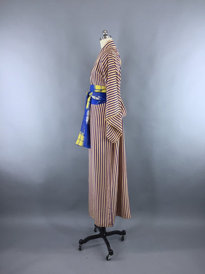 Vintage 1970s Vintage Kimono Robe / Yellow and Blue Stripes - ThisBlueBird