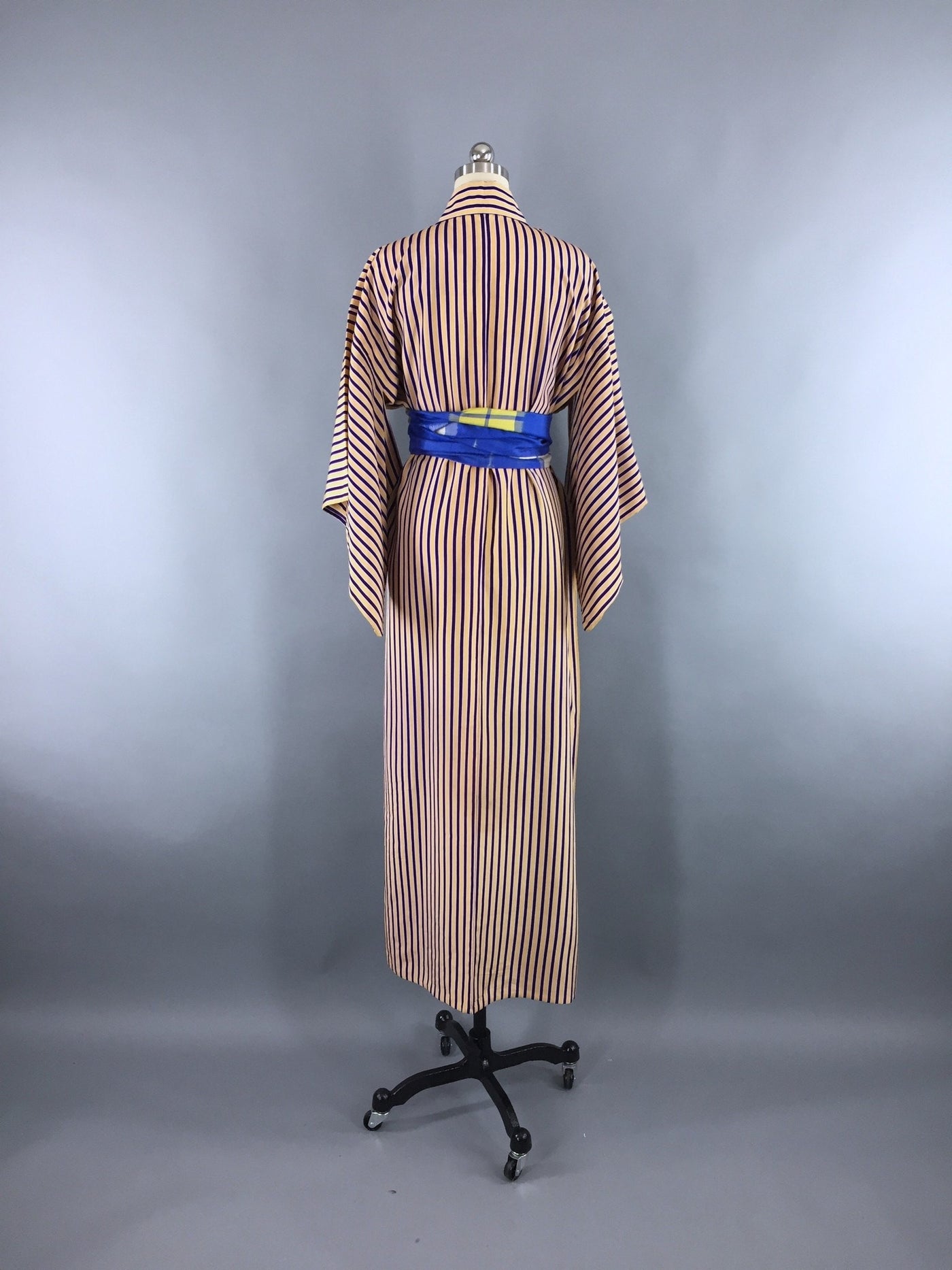Vintage 1970s Vintage Kimono Robe / Yellow and Blue Stripes - ThisBlueBird