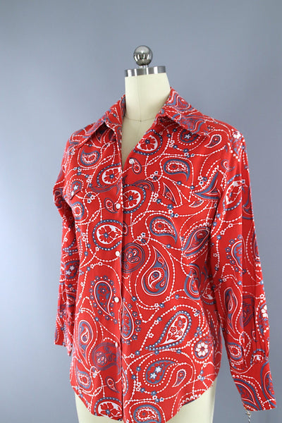 Vintage 1970s Western Shirt / Red Paisley Bandana Print - ThisBlueBird