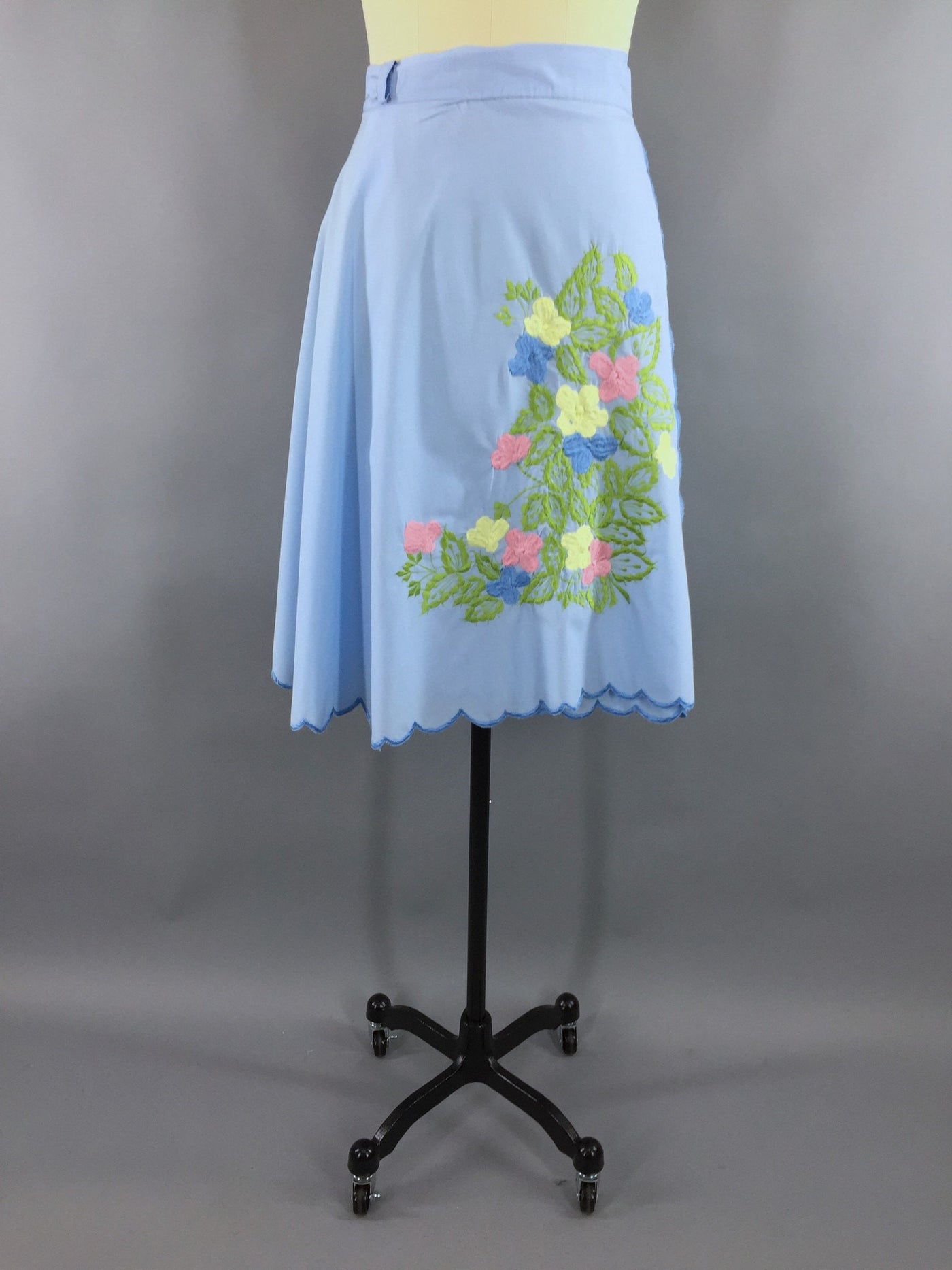 Vintage 1970s Wrap Skirt with Blue Floral Embroidery - ThisBlueBird