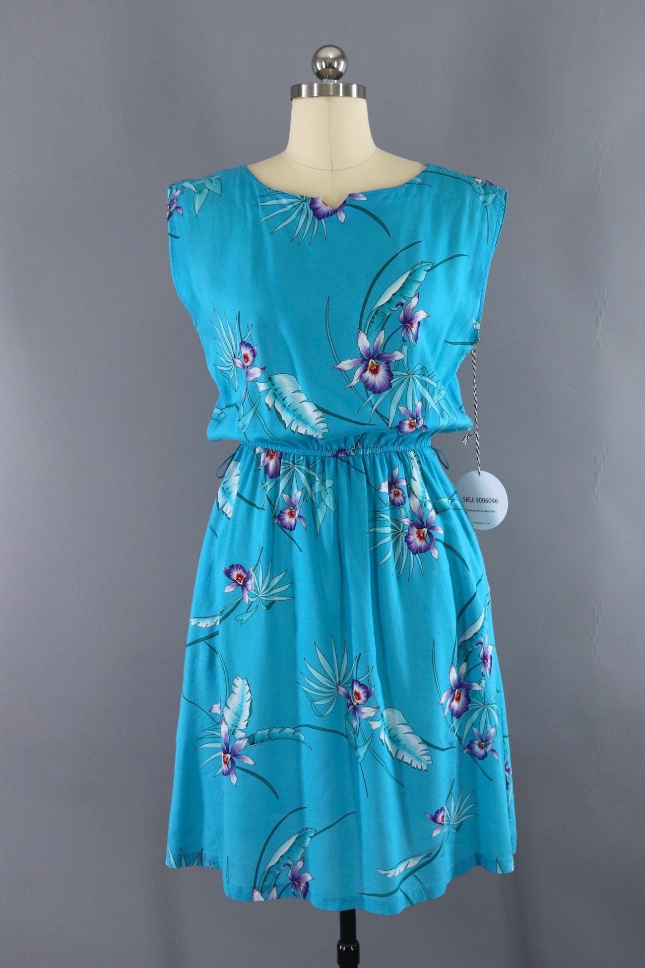 Vintage 1980s Aqua Blue Hawaiian Print Dress-ThisBlueBird - Modern Vintage