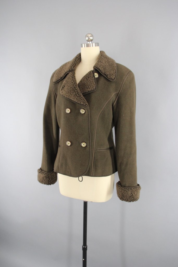 Vintage 1980s Army Green Military Style Jacket with Sherpa lining - ThisBlueBird