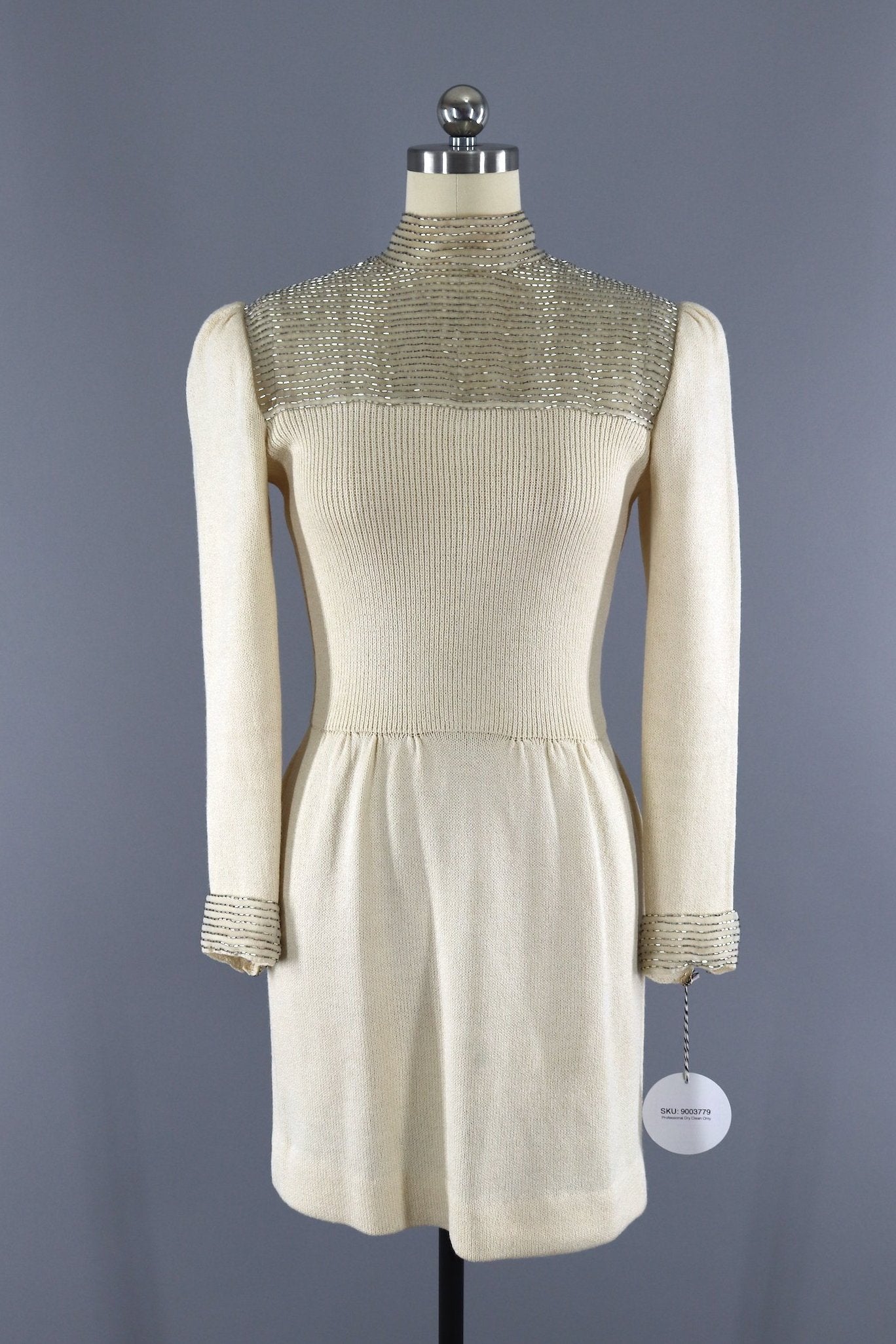 Vintage 1980s Beaded Ivory Knit Sweater Dress / Marie Gray St. John - ThisBlueBird