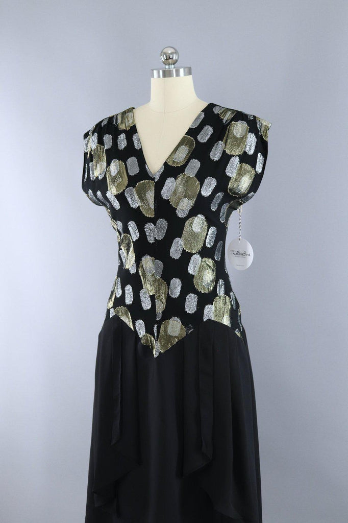 Vintage 1980s Black and Gold Chiffon Party Dress - ThisBlueBird