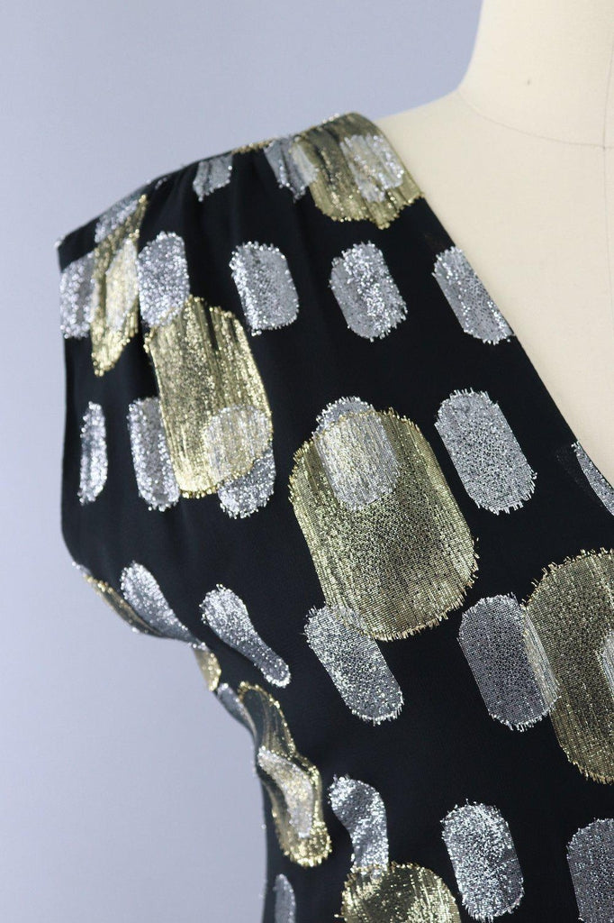 Vintage 1980s Black and Gold Chiffon Party Dress - ThisBlueBird