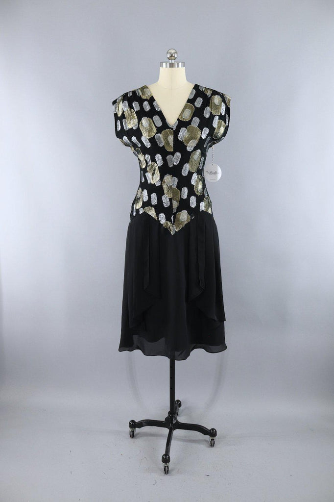 Vintage 1980s Black and Gold Chiffon Party Dress - ThisBlueBird