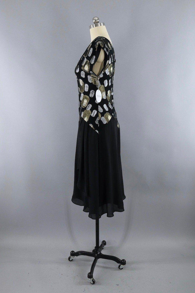 Vintage 1980s Black and Gold Chiffon Party Dress - ThisBlueBird