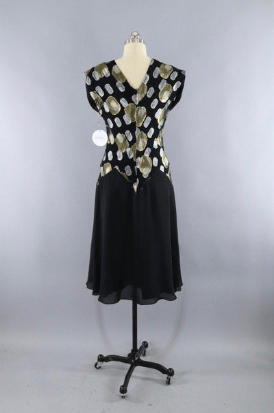 Vintage 1980s Black and Gold Chiffon Party Dress - ThisBlueBird