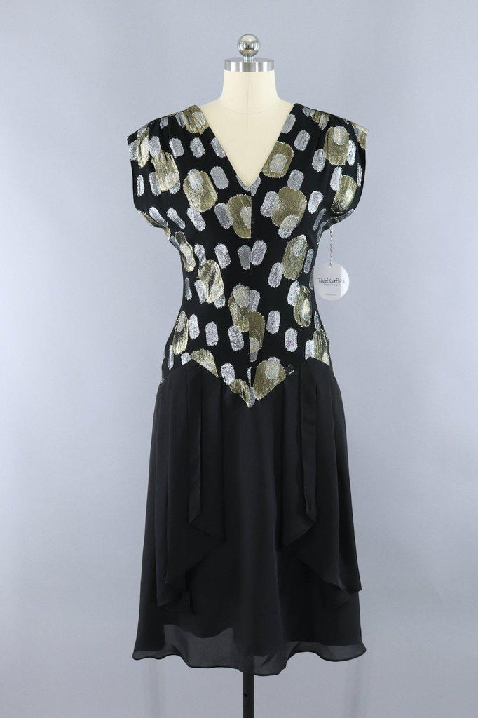 Vintage 1980s Black and Gold Chiffon Party Dress - ThisBlueBird