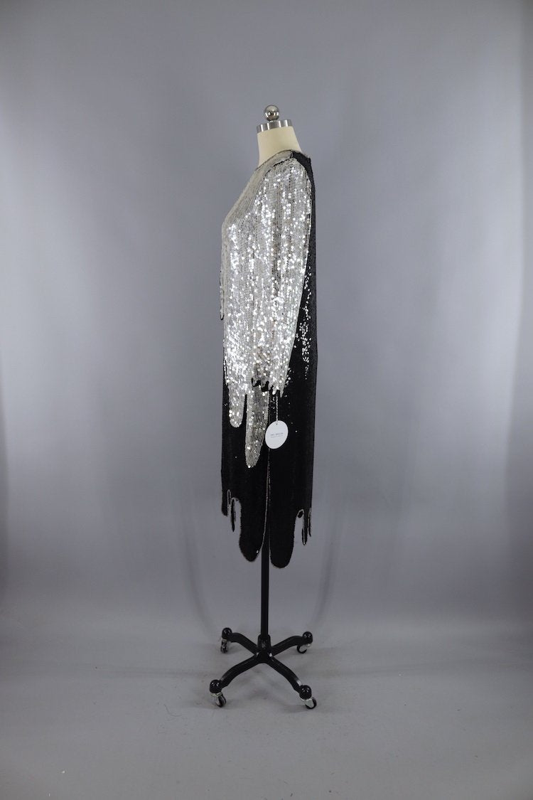 Vintage 1980s Black and Silver Sequined Flapper Dress - ThisBlueBird