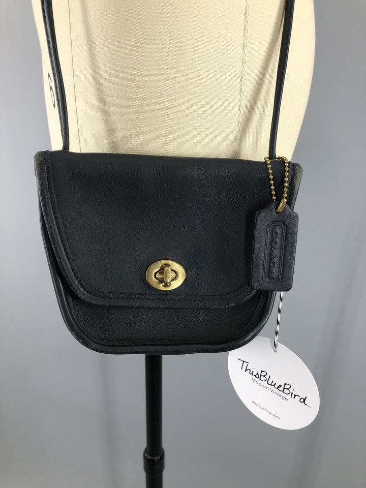 Vintage 1980s Black Leather COACH Cross Body Messenger Bag - ThisBlueBird