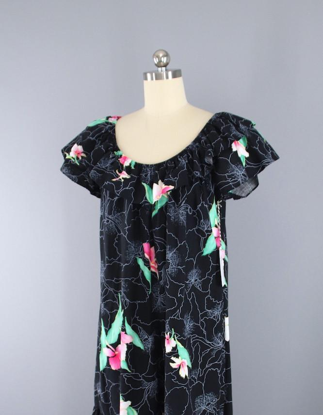 Vintage 1980s Black Orchid Hawaiian Print Caftan Dress - ThisBlueBird