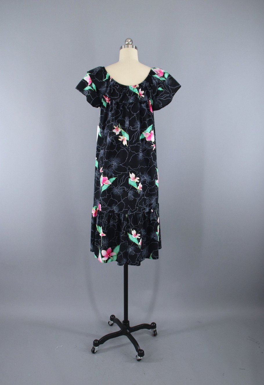 Vintage 1980s Black Orchid Hawaiian Print Caftan Dress - ThisBlueBird