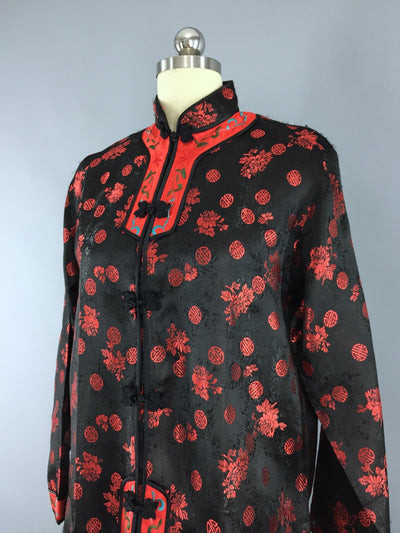 Vintage 1980s Black & Red Satin Brocade Asian Pajamas Set - ThisBlueBird