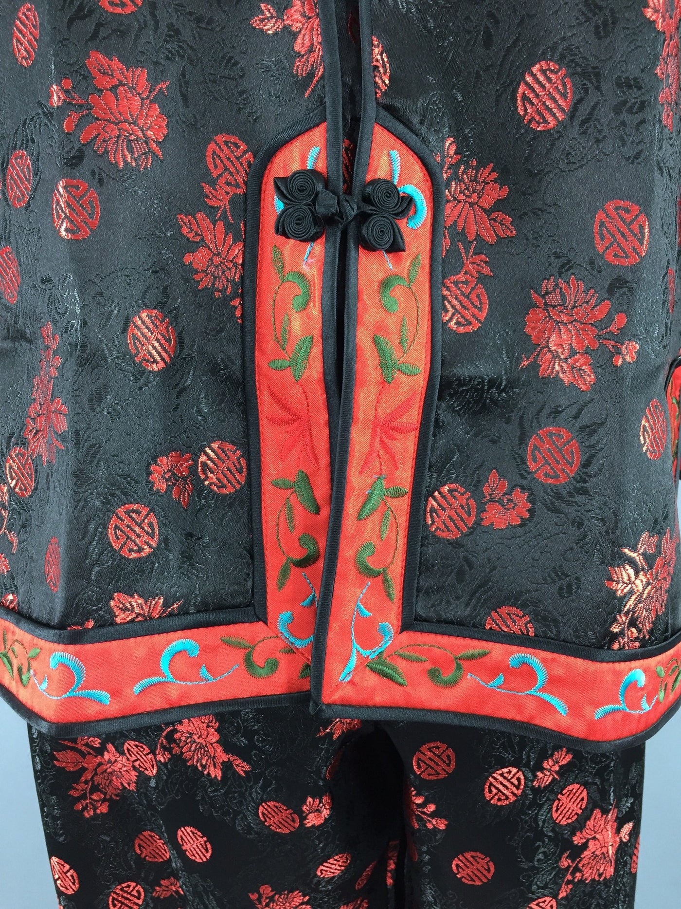 Vintage 1980s Black & Red Satin Brocade Asian Pajamas Set - ThisBlueBird