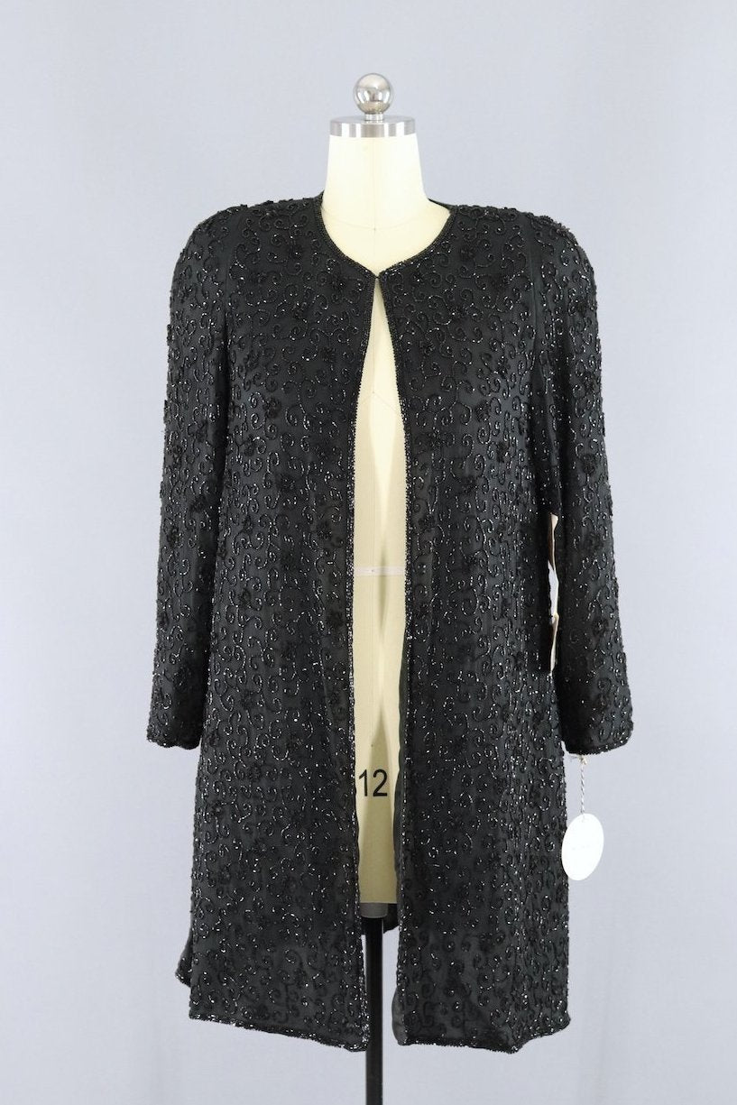 Vintage 1980s Black Sequined Beaded Silk Jacket - ThisBlueBird