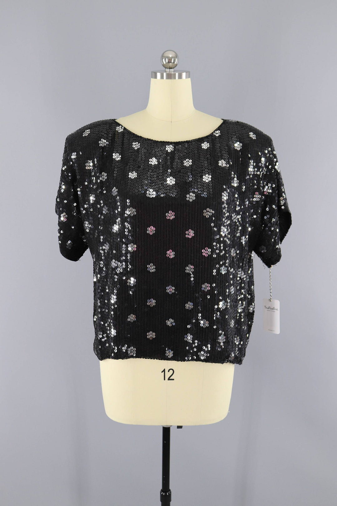 Vintage 1980s Black &amp; Silver Sequined Trophy Blouse - ThisBlueBird