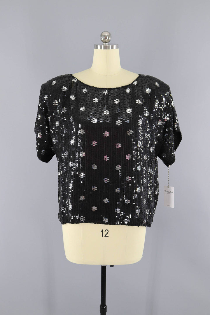 Vintage 1980s Black &amp; Silver Sequined Trophy Blouse - ThisBlueBird