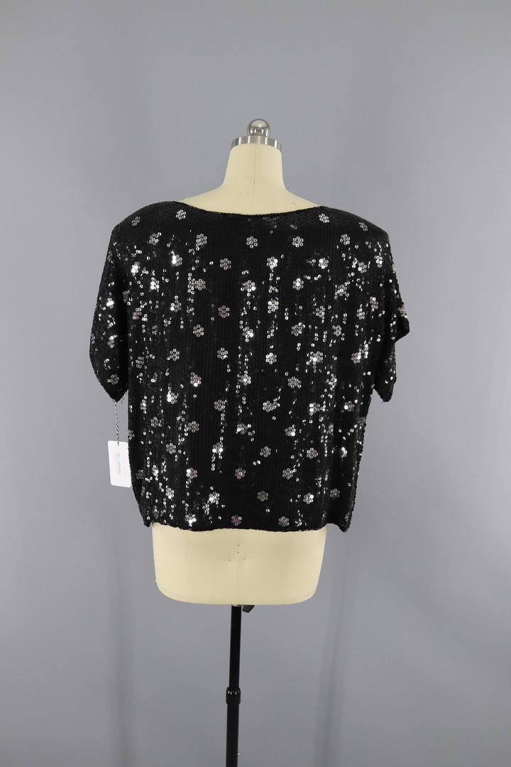 Vintage 1980s Black &amp; Silver Sequined Trophy Blouse - ThisBlueBird