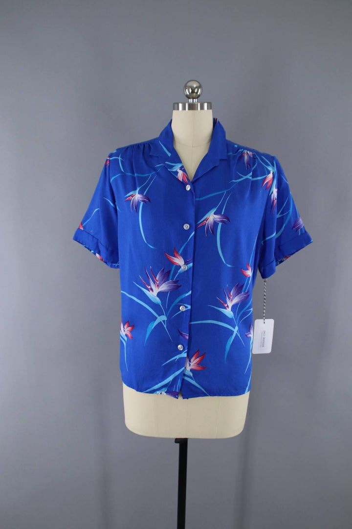 Vintage 1980s Blouse / Blue Birds of Paradise Print / Malama LIBERTY HOUSE - ThisBlueBird