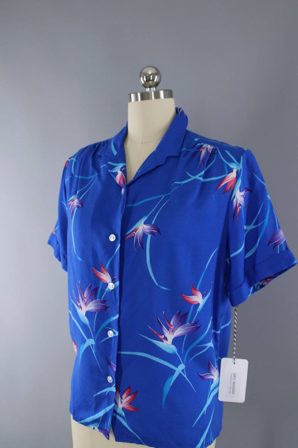 Vintage 1980s Blouse / Blue Birds of Paradise Print / Malama LIBERTY HOUSE - ThisBlueBird