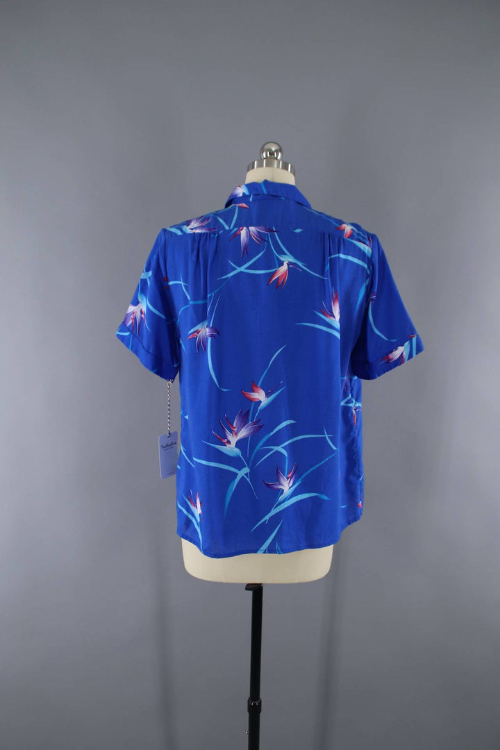 Vintage 1980s Blouse / Blue Birds of Paradise Print / Malama LIBERTY HOUSE - ThisBlueBird