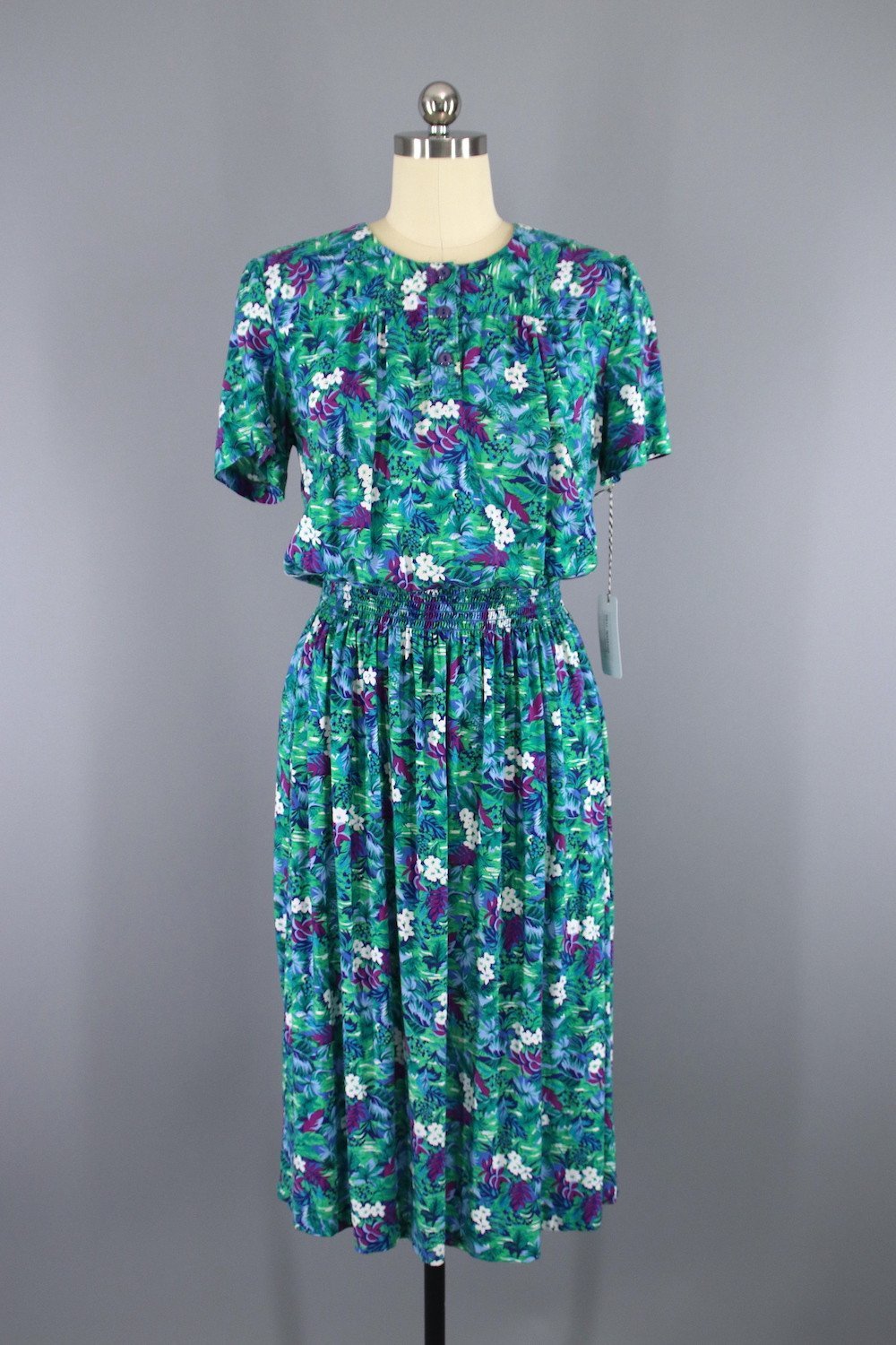 Vintage 1980s Blue Floral Print Day Dress - ThisBlueBird