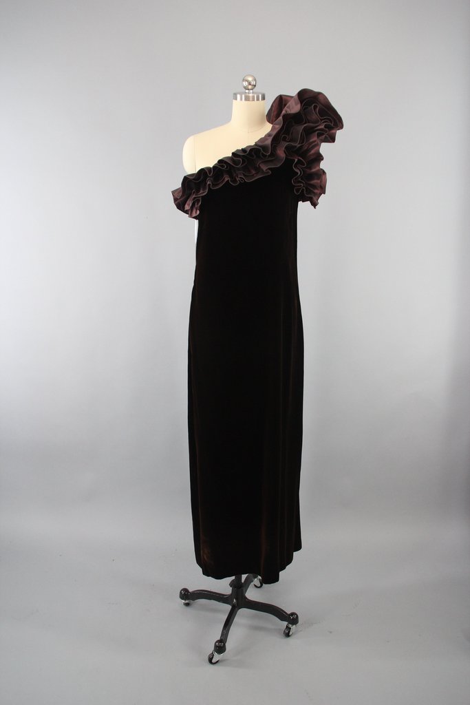 Vintage 1980s Brown Velvet Off Shoulder VICTOR COSTA Evening Gown ...