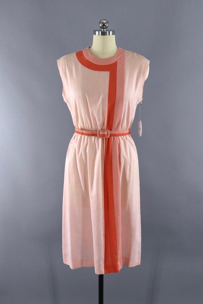 Vintage 1980s Coral Pink Color Block Day Dress - ThisBlueBird