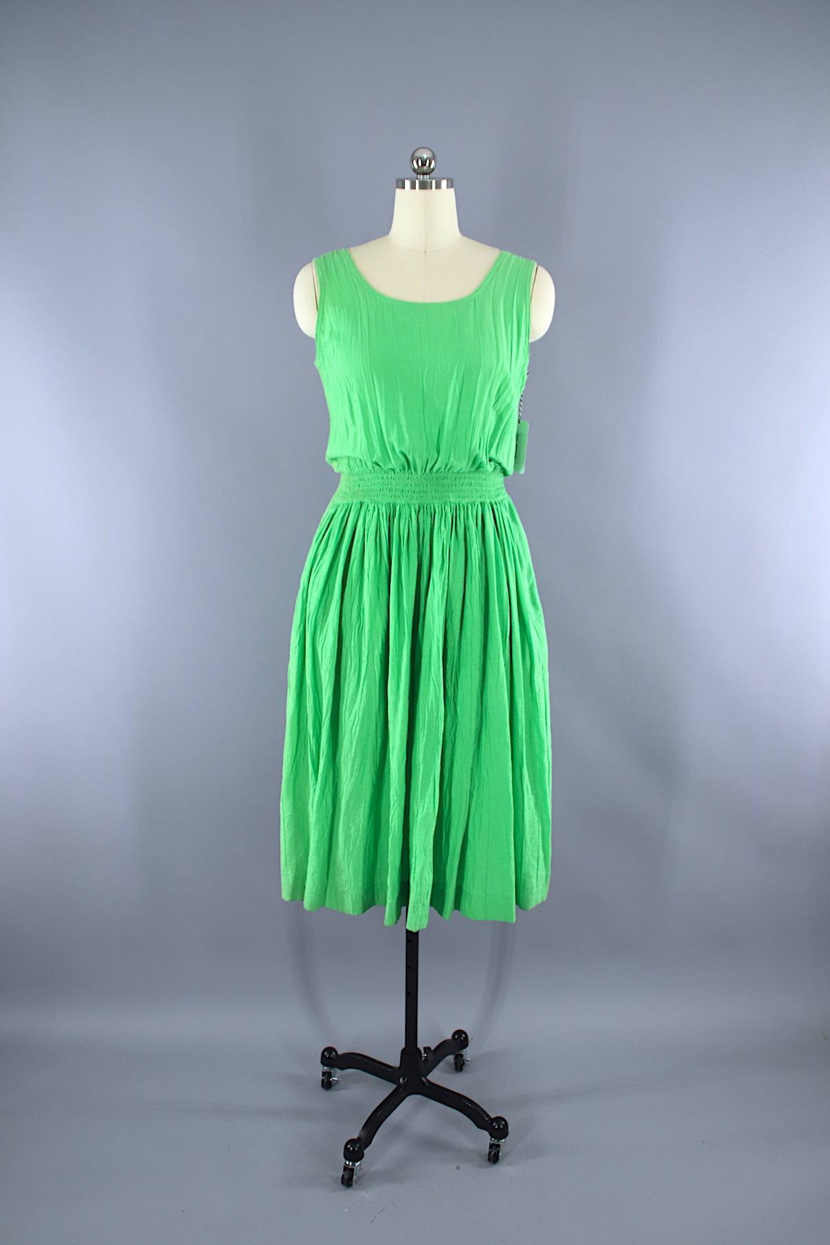 Vintage 1980s Cotton Gauze Dress / Bright Green Indian Cotton - ThisBlueBird